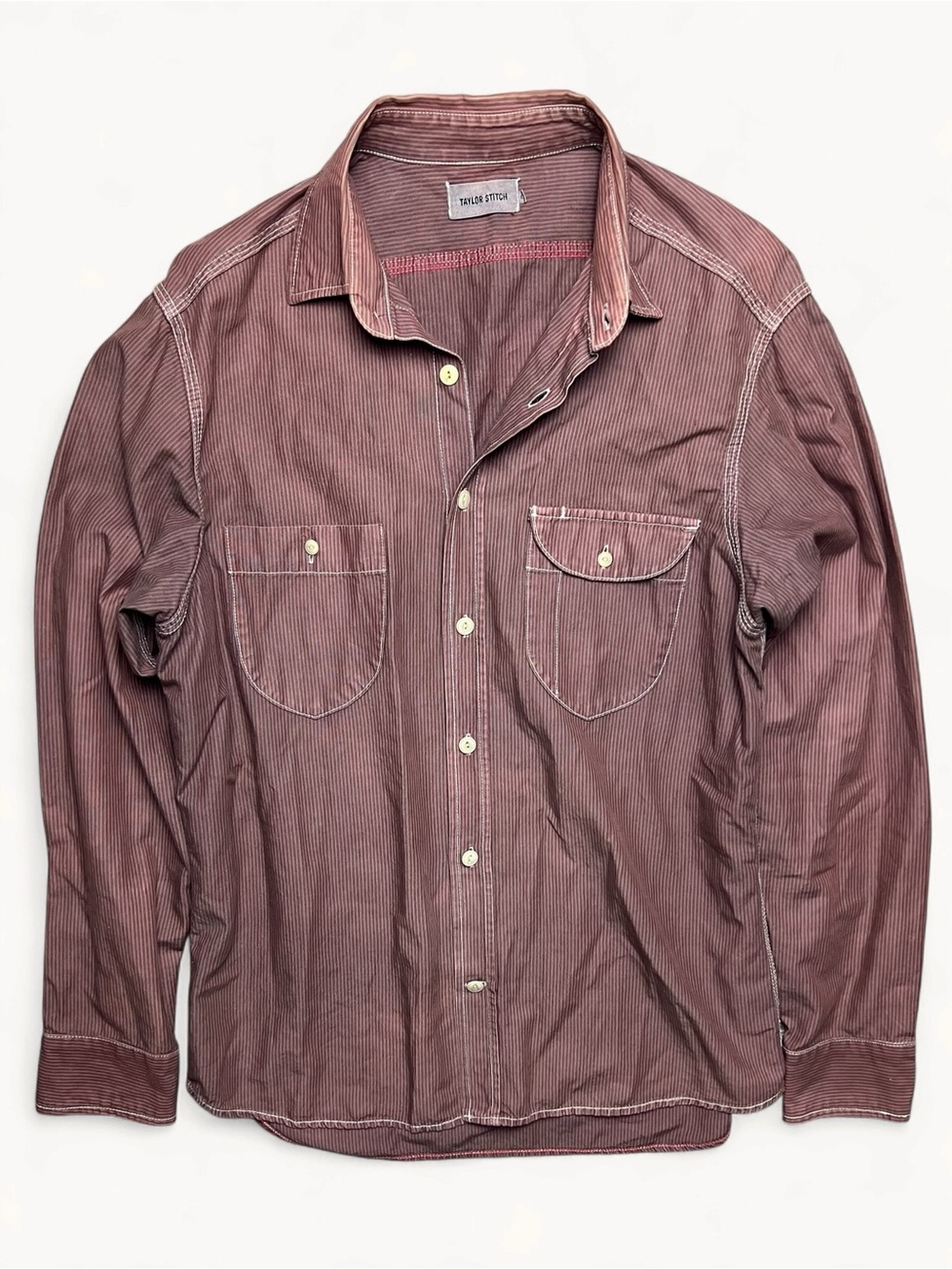 Taylor Stitch Moto Utility Shirt Mens 42 M Brown Burgundy Micro Stripe Workwear